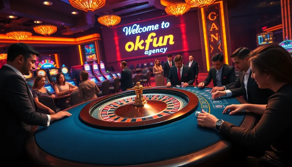 Experience the thrill at https://okfun.agency/ as players gather around vibrant casino tables, eager to bet.