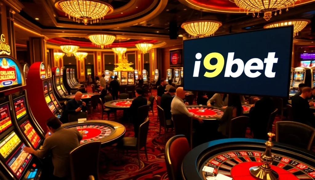 Players enjoying an i9bet casino experience with vibrant slot machines and poker tables.